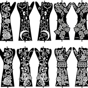 10 Sheets Henna Tattoo Stencil Kit - Temporary Tattoo Stencils for Hands and Forearm, Indian Inspired Designs - Self-Adhesive Tattoo Stickers