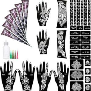 11 Sheet Total 84 Tattoo Stencils Sticker Pattern, 6 Pcs Natrual Brown Temporary Tattoo Kit, 1 Bottles, 4 Nozzles