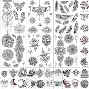 32 Sheets Black Henna Temporary Tattoos for Adults Women Girls, Feather Mandala Flower Body Art Large Big Arm Tattoos Sheet Lace Mehndi Mandala Tattoo 32 Count Pack of 1