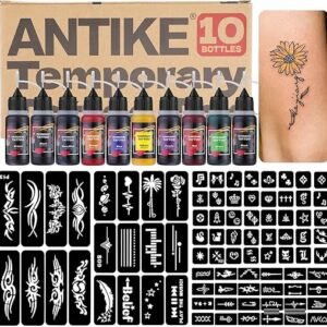 ANTIKE Temporary Tattoo Kit,10 Bottles Temporary Tattoo Ink 0.5oz with 84Pcs Tattoo Stencils,DIY Fake Tattoo for Women Men Kids Body Art Painting ZYH2312333KIT