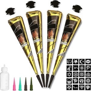 Black Tattoo Cones, 4Pcs Black Temporary Tattoo Kit, 100% Natural Ready to Use Black Tattoo Paste, India Body DIY Art Painting for Women Men Kids with 20 Adhesive Stencils, 1...