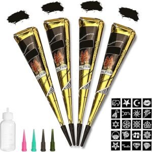 Black Tattoo Cones, Yomagine 4Pcs Black Temporary Tattoo Kit, 100% Natural Ready to Use Black Tattoo Paste, India Body DIY Art Painting for Women Men Kids with 20 Adhesive...