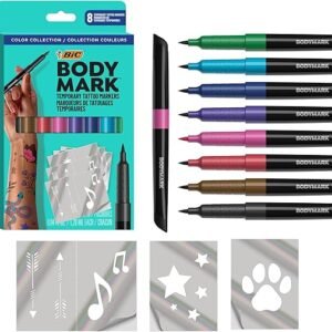 BodyMark Temporary Tattoo Markers for Skin, Color Collection, Flexible Brush Tip, Assorted Colors, Skin-Safe, Cosmetic Quality 8-Count Pack