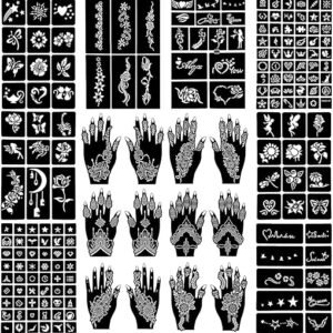 Henna Tattoo Stencil Kit 171pcs, 20 Sheets Reusable Henna Stencils for Hands Indian Arabian Temporary Glitter Airbrush Tattoo Stencils for Face Body Paint DIY