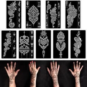 Henna Tattoo Stencils kit,Reusable Henna Stencils for Hand Forearm Glitter Airbrush DIY Tattooing Template, Indian Temporary Tattoo Stickers for Women Girls（8.2" x 4.7"）