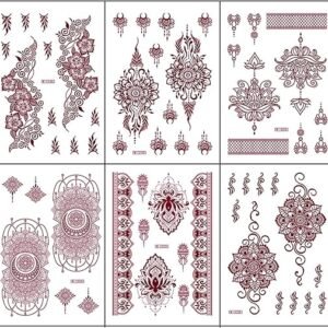 Henna Tattoos Kit, Temporary Tattoo Kit, 6 Sheets Brown Waterproof Lace Pattern Fake Tattoos Henna Sticker for Women Wedding Party Festivals Parties Decoration