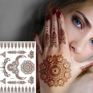 Henna Temporary Tattoos for Women, Brown Henna Tattoos Stickers Waterproof Lace Sexy Flower Henna Fake Tattoos Retro Mandalas Wedding & Festivals Party Supplies DIY on Body Face...