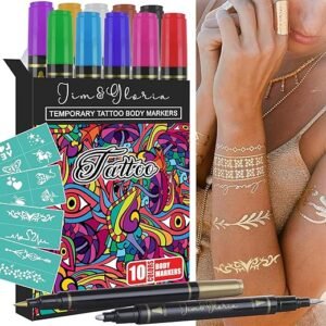 Jim&Gloria Body Art Tattoo Pen Dual Tip 10 Colors with GOLD & SILVER Skin Paint Markers for Kids Adults, Face Painting Kit Gifts for Teenage Girl, Teen Girls Trendy Stuff 8 9 10...