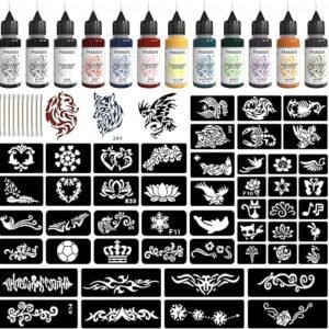 PFARRER Temporary Tattoo Kit12 Bottles Color Temporary Tattoo Ink,49 Big Pcs Stencils Kit for Body Paint DIY Fake Tattoos for...