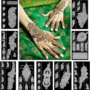 Reusable Henna Tattoo Stencils Kit, Mehendi Stencils for Hands Forearm Glitter Airbrush DIY Tattooing Template,9 Sheet Indian Temporary Tattoo Stickers for Women Girls（8.2" x 4.7"）