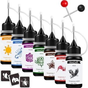 Temporary Tattoo Ink and Stencils for Adults Teens Kids, Temporary Tattoo Kit Skin Friendly - Black Red Brown Green Purple Blue Orange