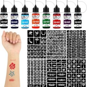 Temporary Tattoo Kit 8 Bottles Color Inks ,245 Pcs Stencils Kit for Body Paint DIY Fake Tattoos for Kids(black/cyan/red/green/ blue/purple/ brown/ orange)