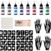 Temporary Tattoo Kit 8 Bottles Color Inks, 32 Medium &4 Pcs hand Stencils Kit with 10 swabs for Body Paint DIY Fake Tattoo for Women Kids