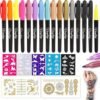 Temporary Tattoo Pen Tattoo Markers Tattoo Kit Face Paint with 15 Tattoo Pens 5 Tattoo Stencils and 2 Tattoos Stickers Gifts