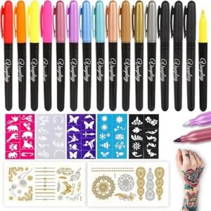 Temporary Tattoo Pen Tattoo Markers Tattoo Kit Face Paint with 15 Tattoo Pens 5 Tattoo Stencils and 2 Tattoos Stickers Gifts