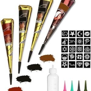 Temporary Tattoos Kit, 4Pcs Semi Permanent Tattoo Paste Cones, India Body DIY Art Painting for Women Men Kids, Summer Trend Freehand Plaste with 3 Colors,20Pcs Adhesive...