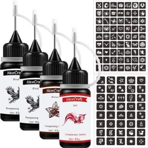 Temporary Tattoos Kit, Permanent Tattoo, 4 Pcs with Three Colors, DIY Tattoos, Full Kit 103 Pcs Adhesive Stencil for Women Kids Men Body Markers - 4 Bottles (Black*2/Red/Brown)