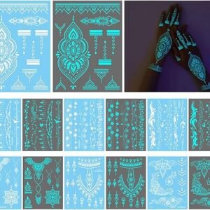 Temporary Tattoos (Starlight), 9 Pcs Glow in the Dark Henna Tattoo Kit, Perfect for Choker, Hand and Collar Decoration Rave Festival Accessories (Style B)